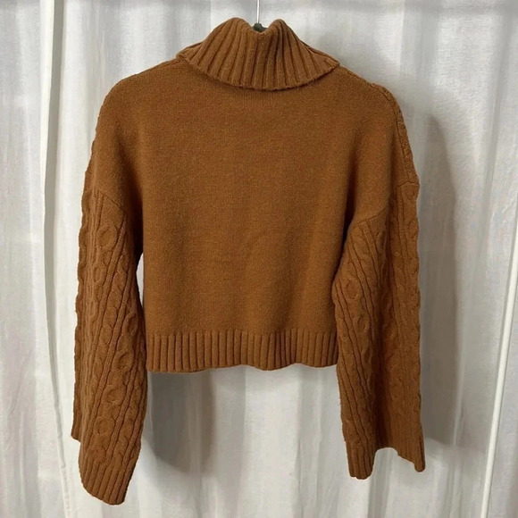 WAYF Camel Crop Cable Knit Turtleneck Sweater Wide Sleeve, Size S - Picture 7 of 10